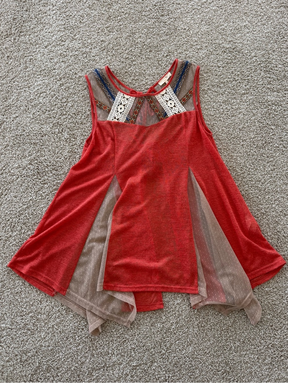 Ryu Red and Beige Mesh Inset Sleeveless Tank